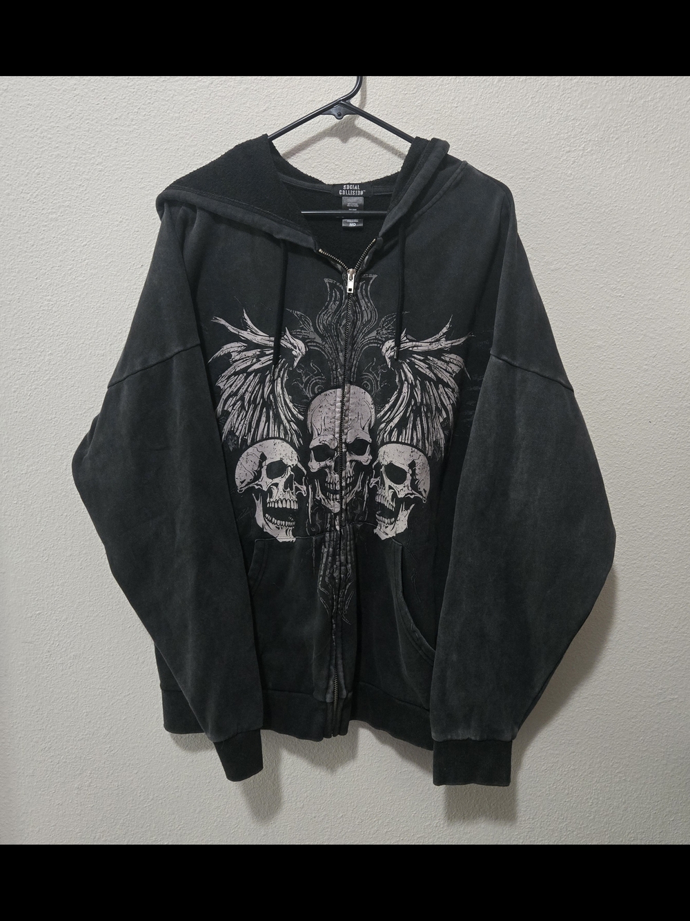Social Collision Black Skull Graphic Zip Hoodie for Men Y2k